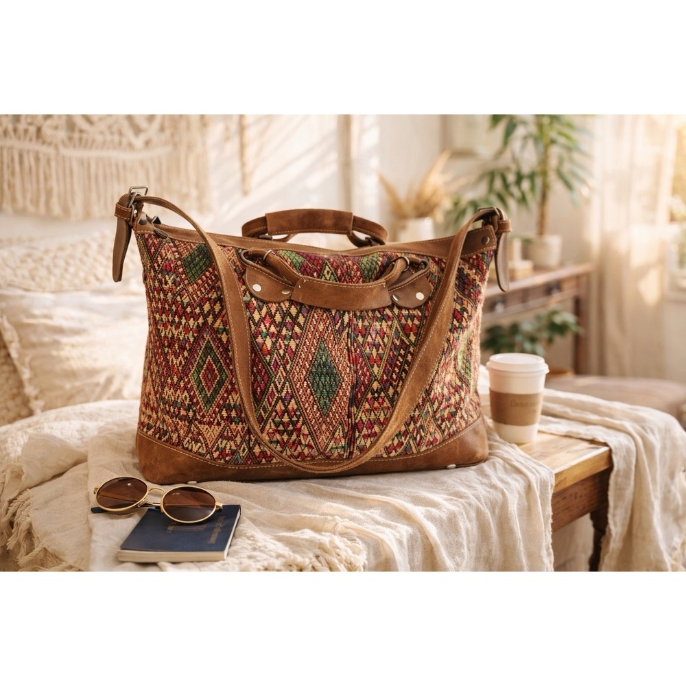 Vintage Guatemalan Artisan Handmade Woven Cotton Huipil & Leather Bag Oversized